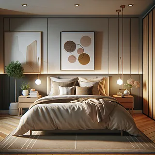 Realistic stock image of cozy bedroom with modern decor.
