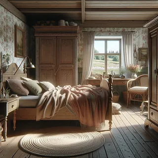 Realistic stock image of charming rural bedroom