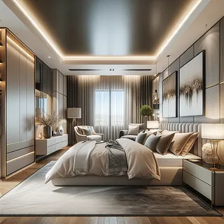 Modern bedroom with elegant decor and amenities